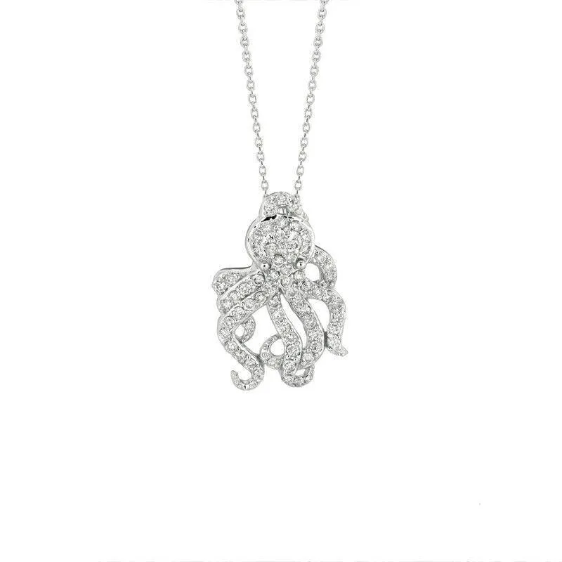 0.61 Carat Natural Diamond Octopus Necklace 14K White Gold G SI 18'' chain