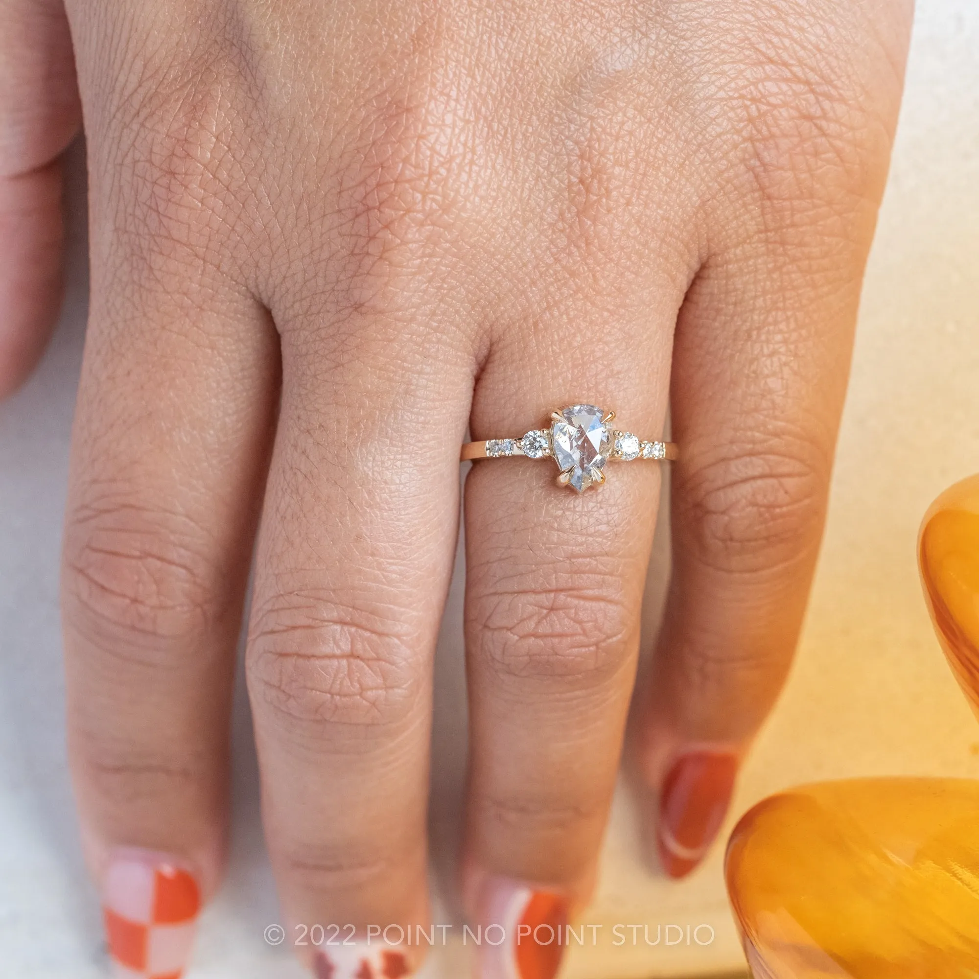 1.15 Carat Salt and Pepper Pear Diamond Engagement Ring, Eliza Setting, 14K Yellow Gold