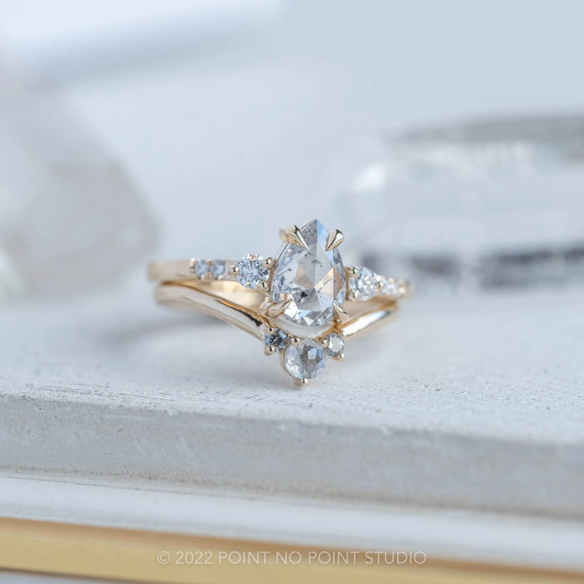 1.15 Carat Salt and Pepper Pear Diamond Engagement Ring, Eliza Setting, 14K Yellow Gold
