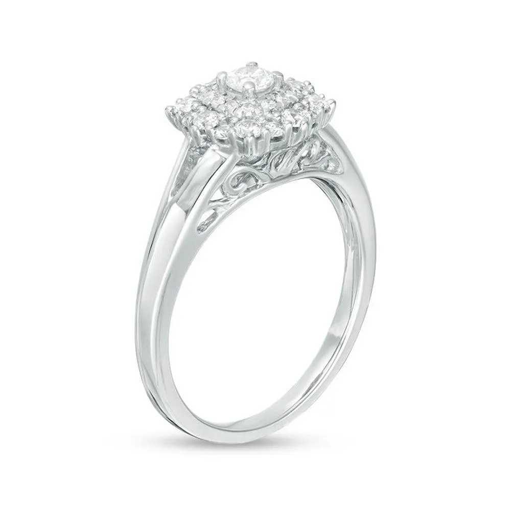1/2 Cttw Diamond Double Cushion Frame Engagement Ring in 10K White Gold (0.50 Cttw, J-I2) Diamond Vintage Ring
