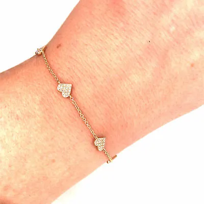 14K Diamond Pave Heart Station Bracelet Yellow Gold