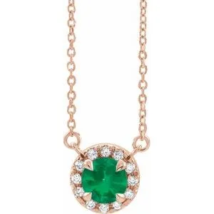 14K Rose 3.5 mm Lab-Grown Emerald & .03 CTW Natural Diamond 18" Necklace