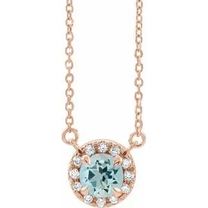 14K Rose 6.5 mm Natural Aquamarine & 1/6 CTW Natural Diamond 16" Necklace