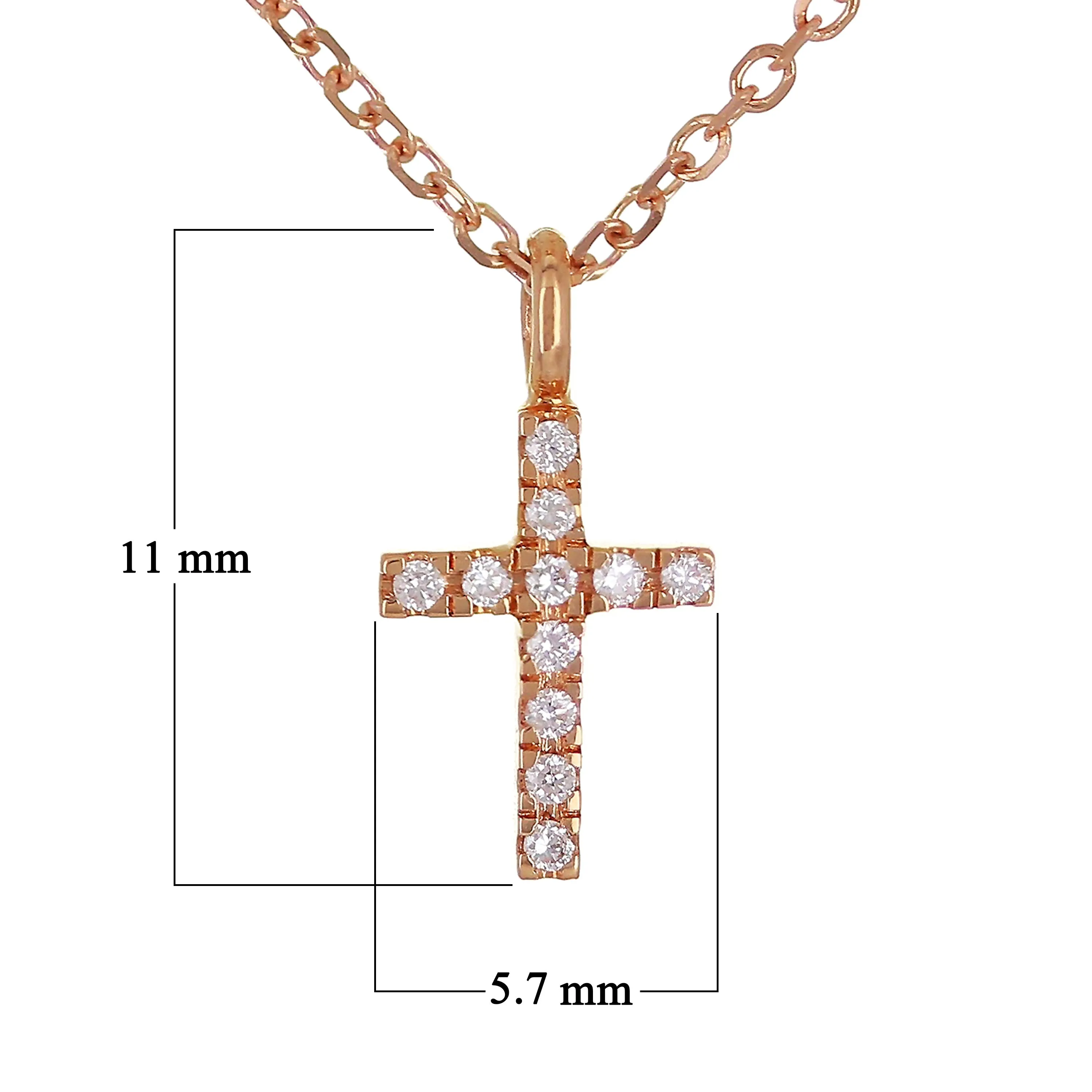 14k Rose Gold 0.04ctw Diamond Small Cross Religious Charm Pendant Necklace 18"