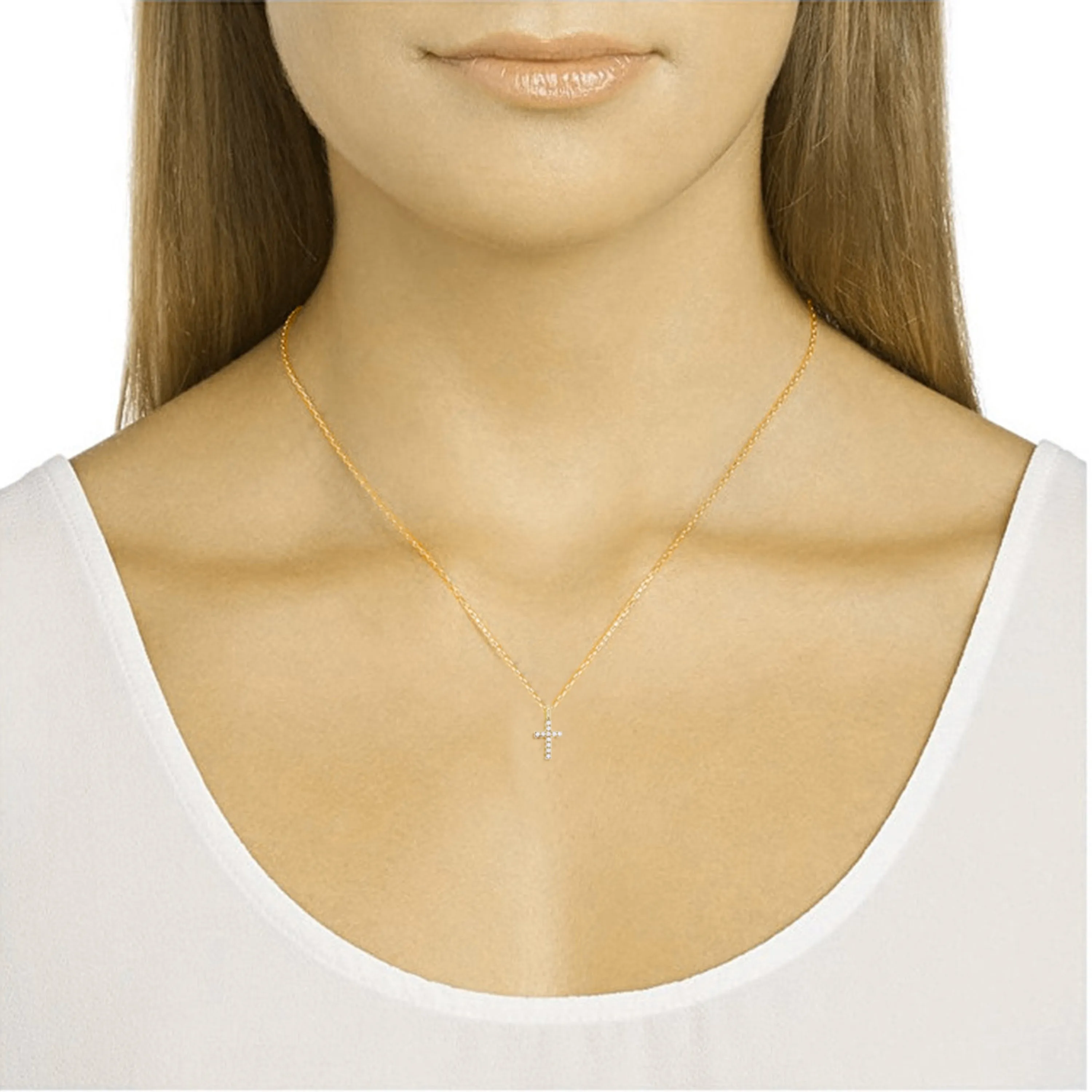 14k Rose Gold 0.04ctw Diamond Small Cross Religious Charm Pendant Necklace 18"
