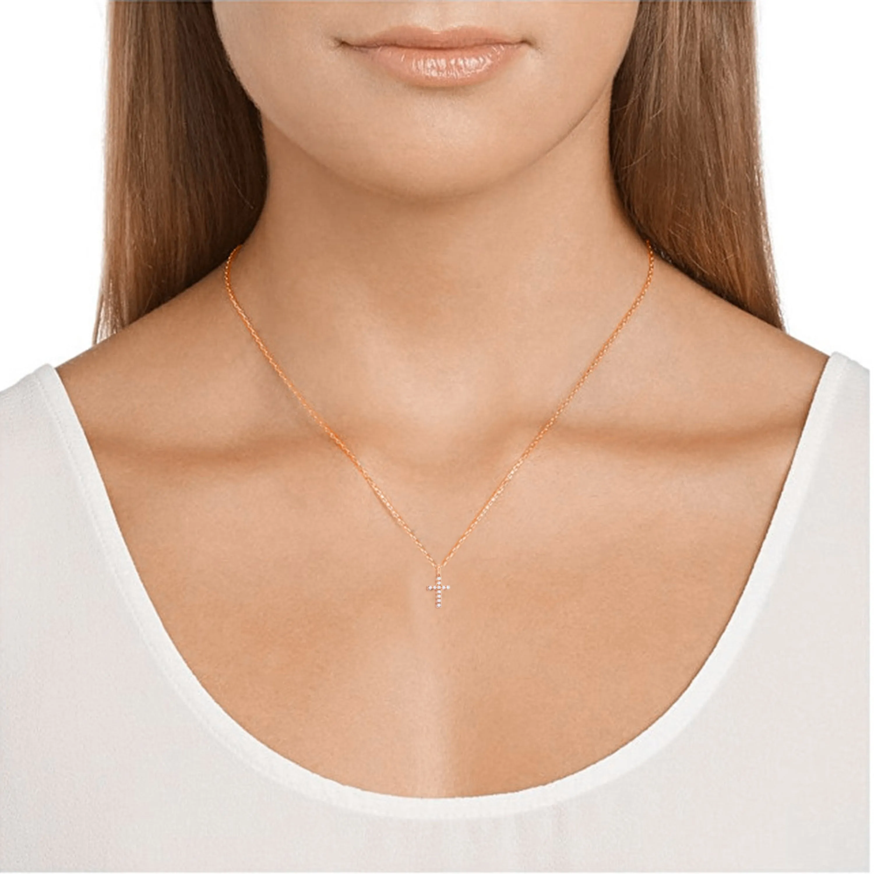 14k Rose Gold 0.04ctw Diamond Small Cross Religious Charm Pendant Necklace 18"