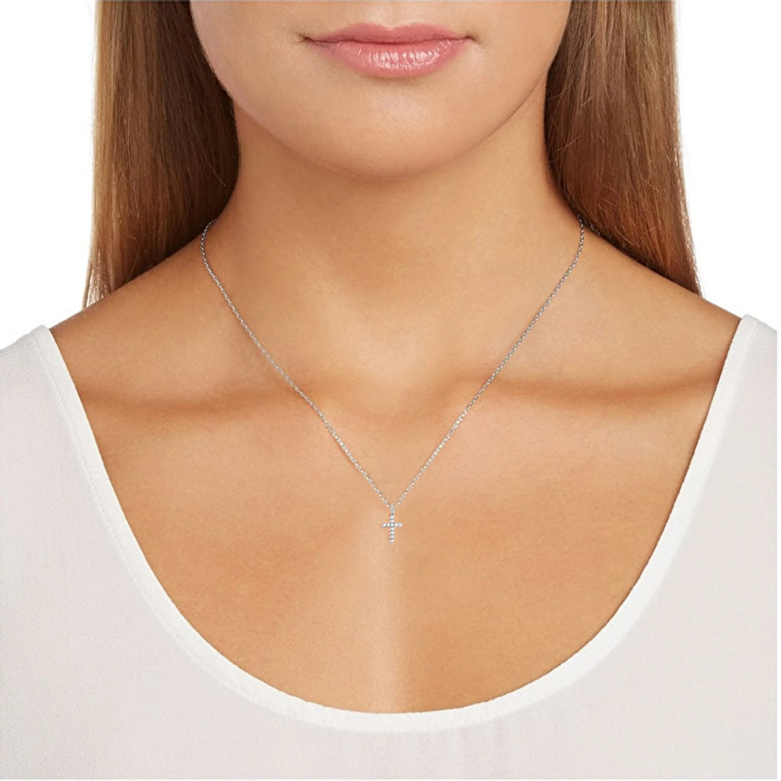 14k Rose Gold 0.04ctw Diamond Small Cross Religious Charm Pendant Necklace 18"