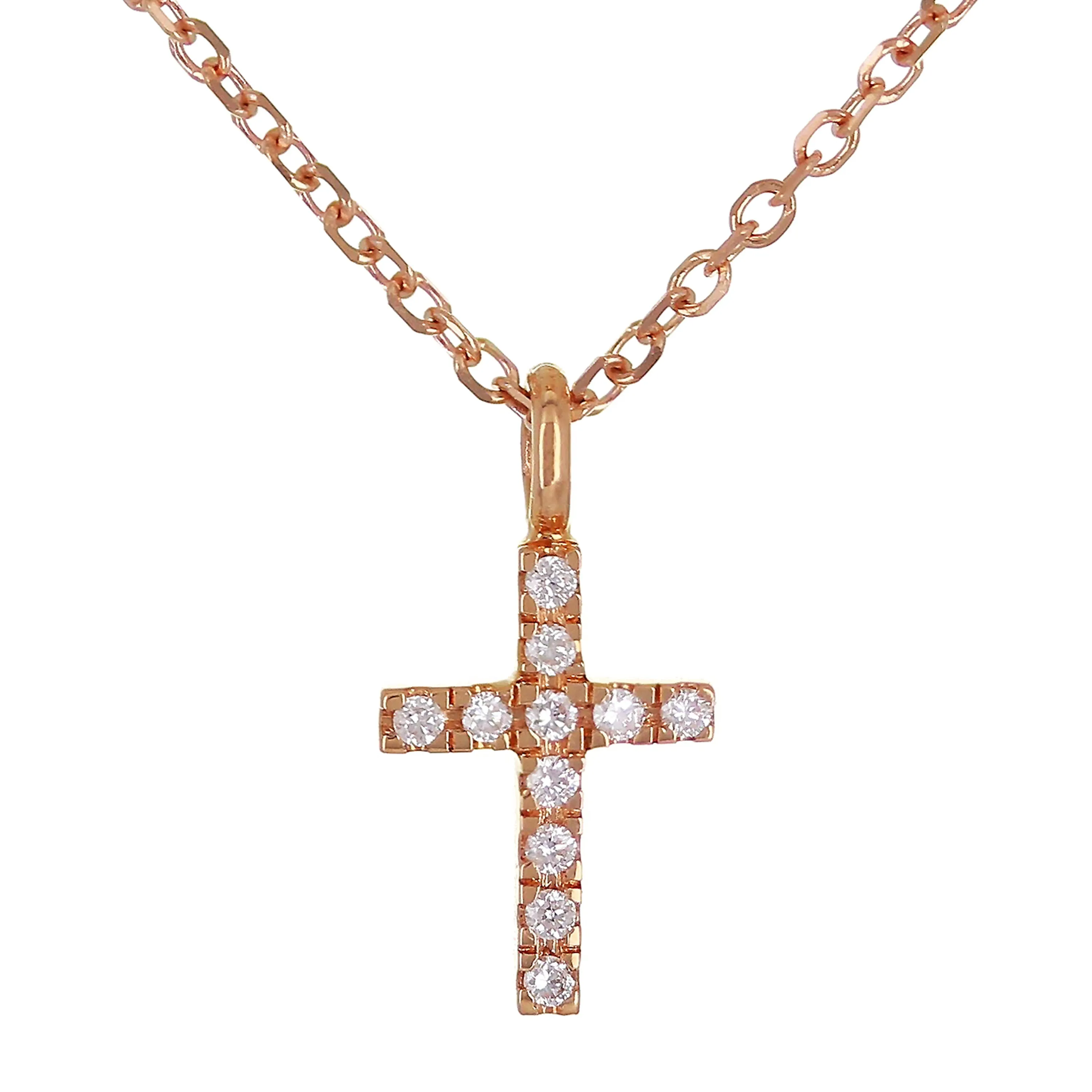 14k Rose Gold 0.04ctw Diamond Small Cross Religious Charm Pendant Necklace 18"