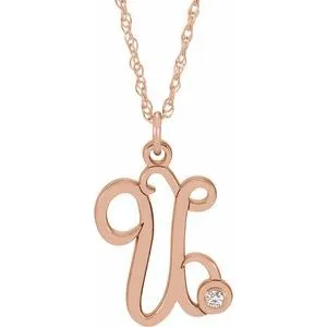 14K Rose Gold-Plated Sterling Silver .02 CT Diamond Script Initial U 16-18" Necklace