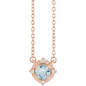 14K Rose Natural Aquamarine & .04 CTW Natural Diamond Halo-Style 18" Necklace