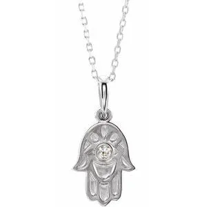 14K White .03 CTW Diamond Hamsa 16-18" Necklace