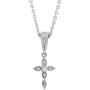 14K White .03 CTW Diamond Petite Vintage-Inspired 16-18" Cross Necklace