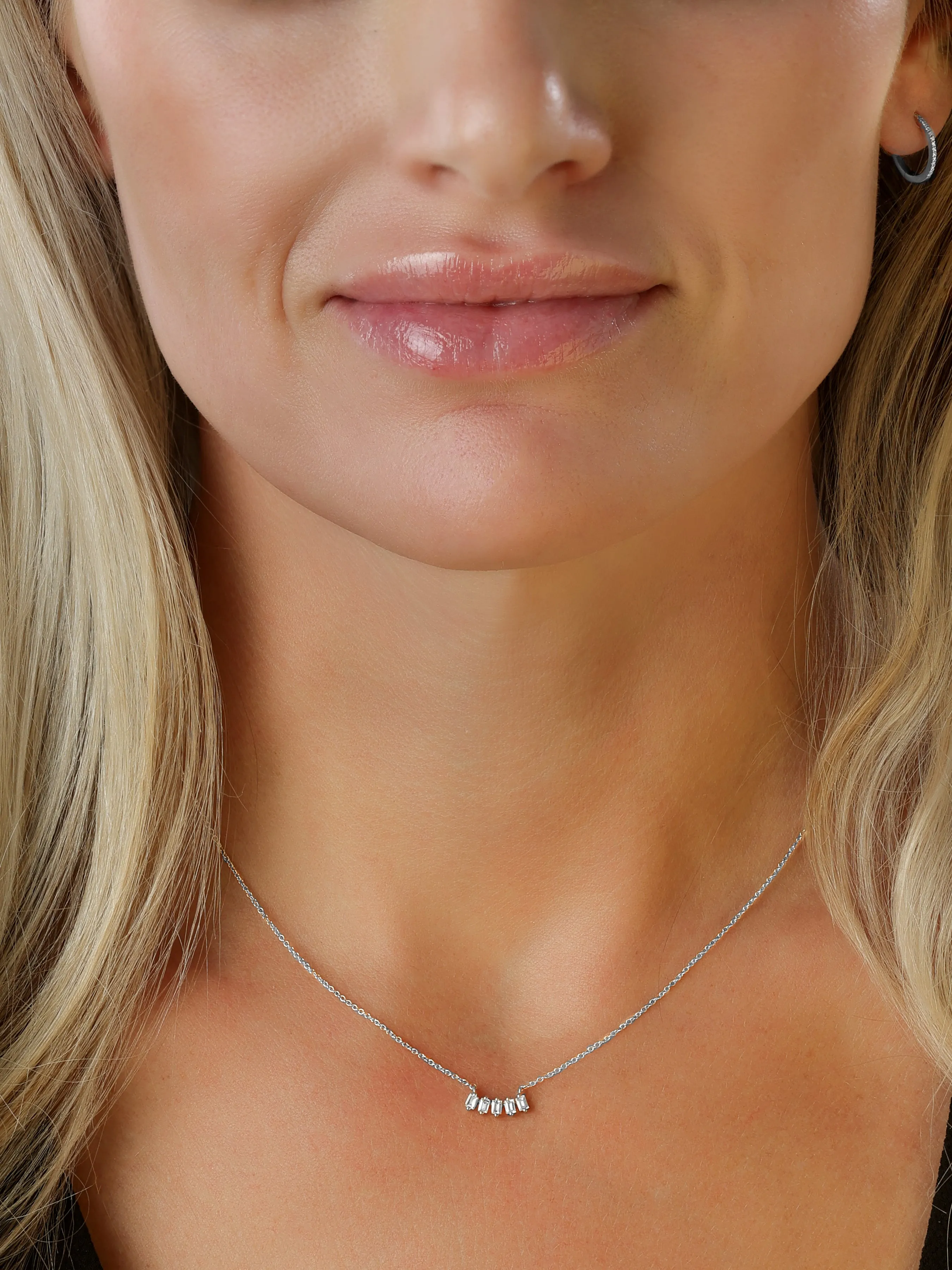 14k White Gold Baguette Diamond Bar Necklace