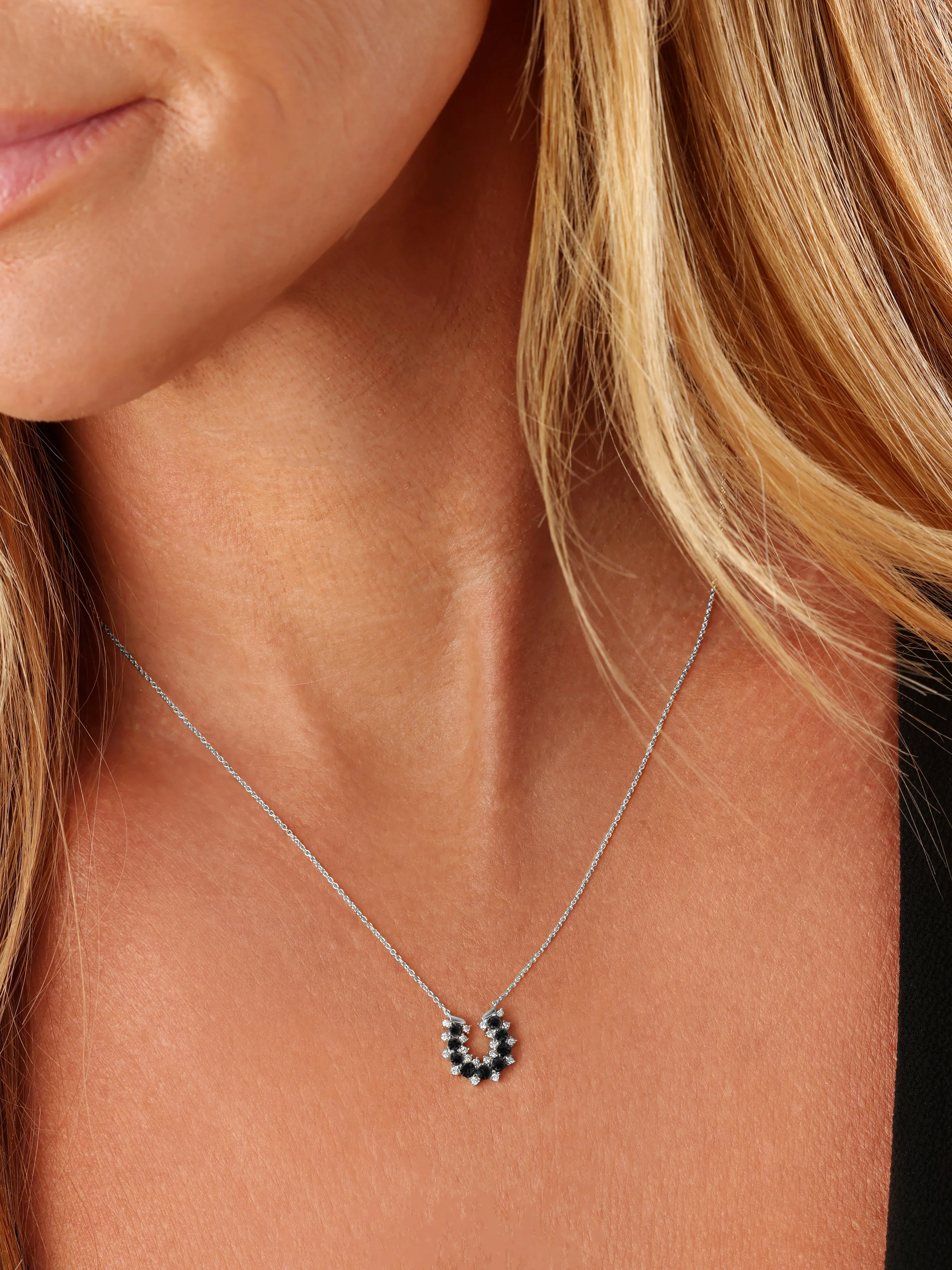 14k White Gold Black Diamond/Lucky Horseshoe Necklace