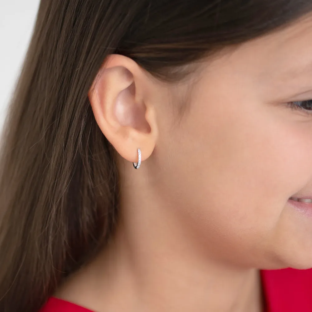 14k White Gold Clear CZ Encrusted 10mm Toddler / Kids / Girls Earrings Hoop