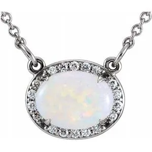 14K White Opal & .07 CTW Diamond Halo-Style 16 1/2" Necklace