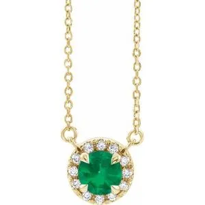 14K Yellow 4.5 mm Natural Emerald & .05 CTW Natural Diamond 16" Necklace