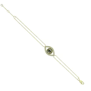 14k Yellow Gold Pave Natural White & Black Diamond Evil Eye Chain Bracelet