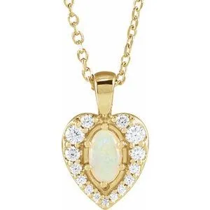 14K Yellow Natural White Opal Cabochon  & 1/8 CTW Natural Diamond 16-18" Necklace