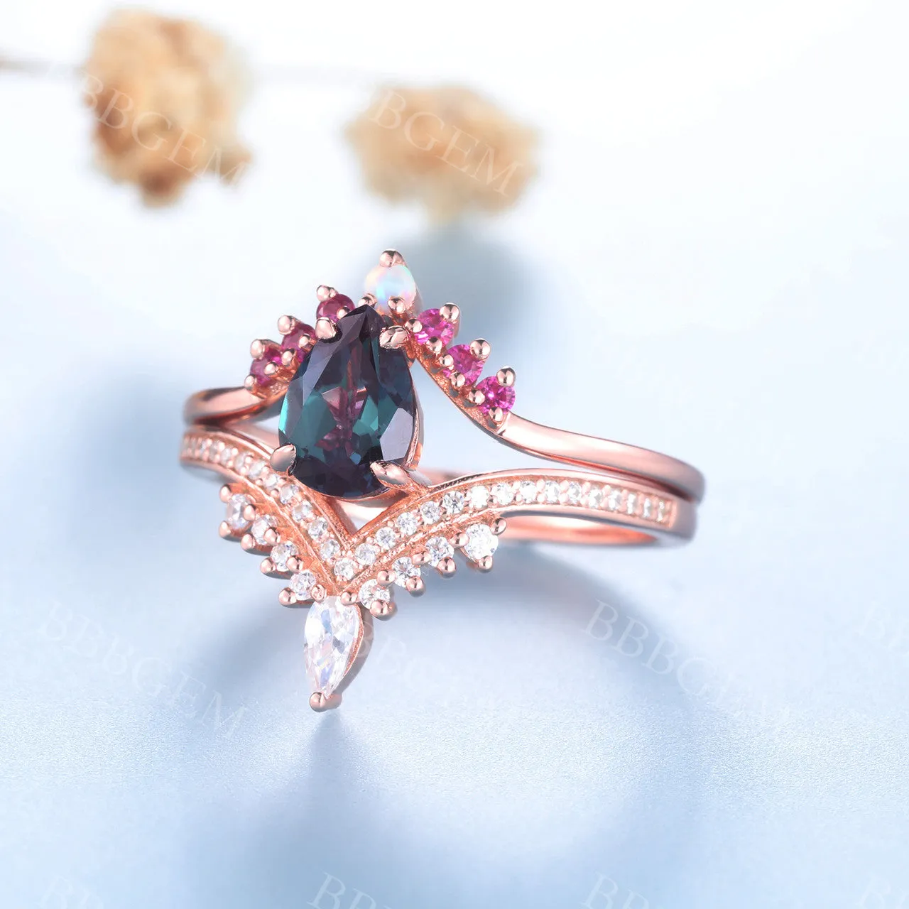 14K/18K Alexandrite Diamond Engagement Rings Rose Gold Wedding Set