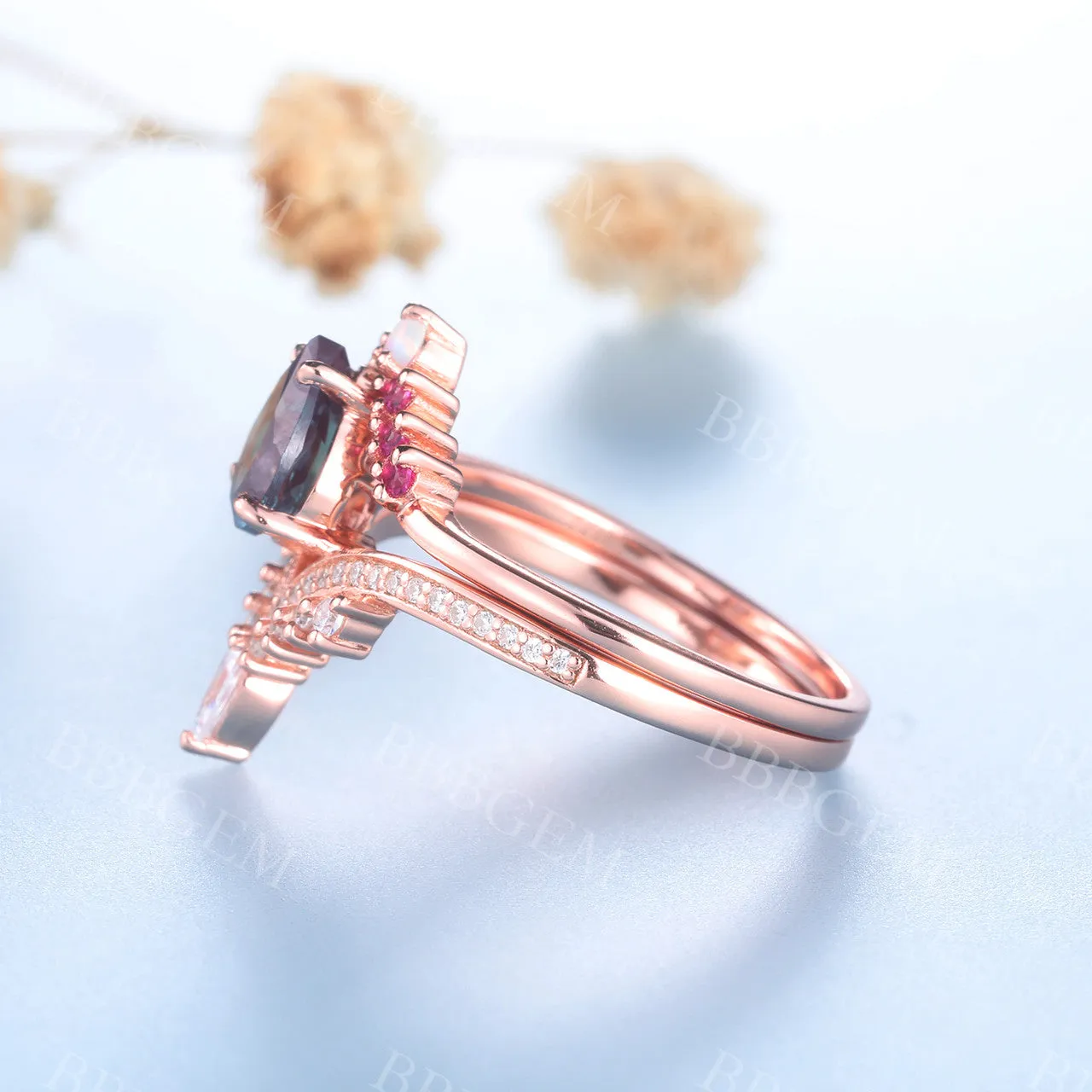 14K/18K Alexandrite Diamond Engagement Rings Rose Gold Wedding Set