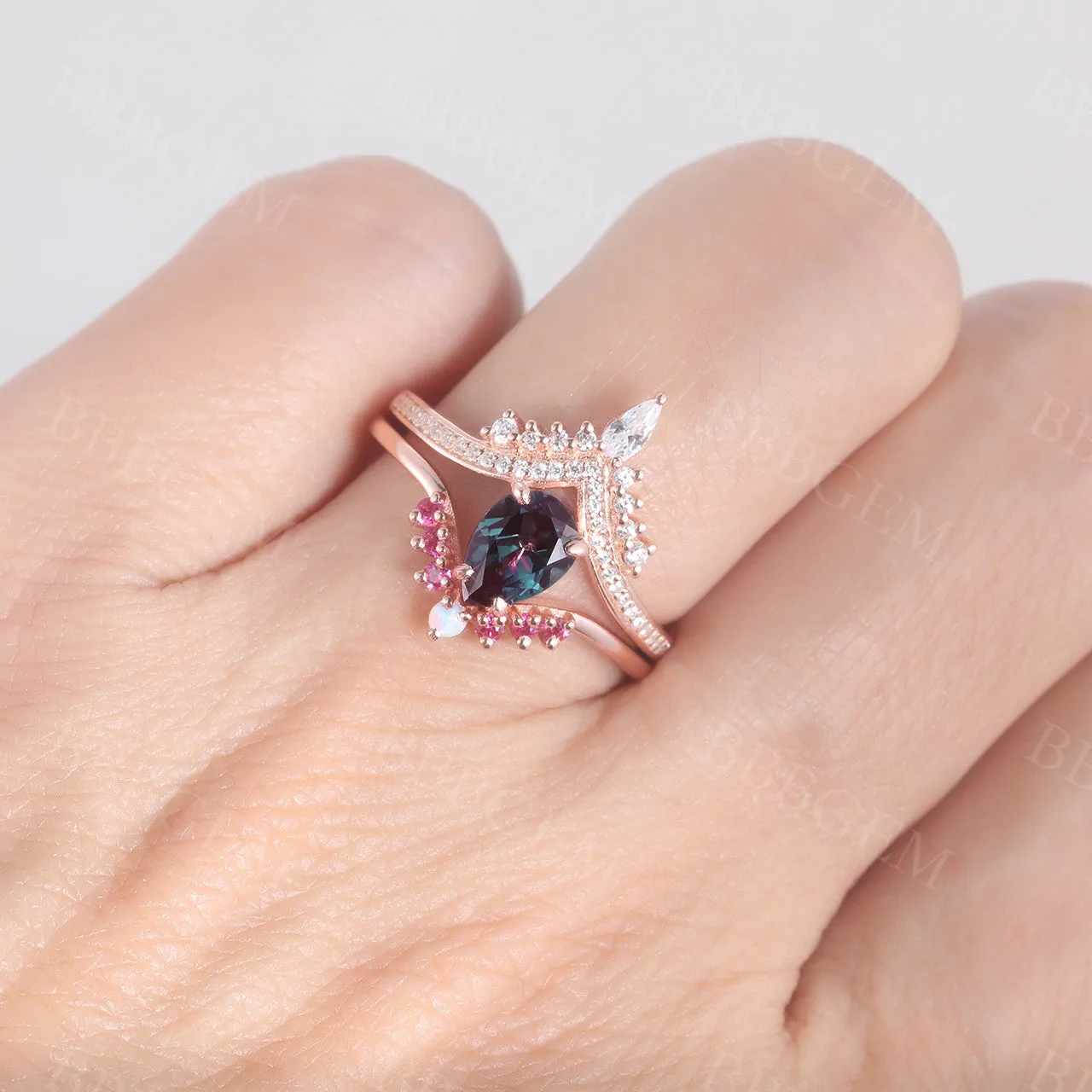 14K/18K Alexandrite Diamond Engagement Rings Rose Gold Wedding Set