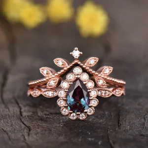 14K/18K  Diamond Halo Alexandrite Diamond Engagement Rings Wedding Set