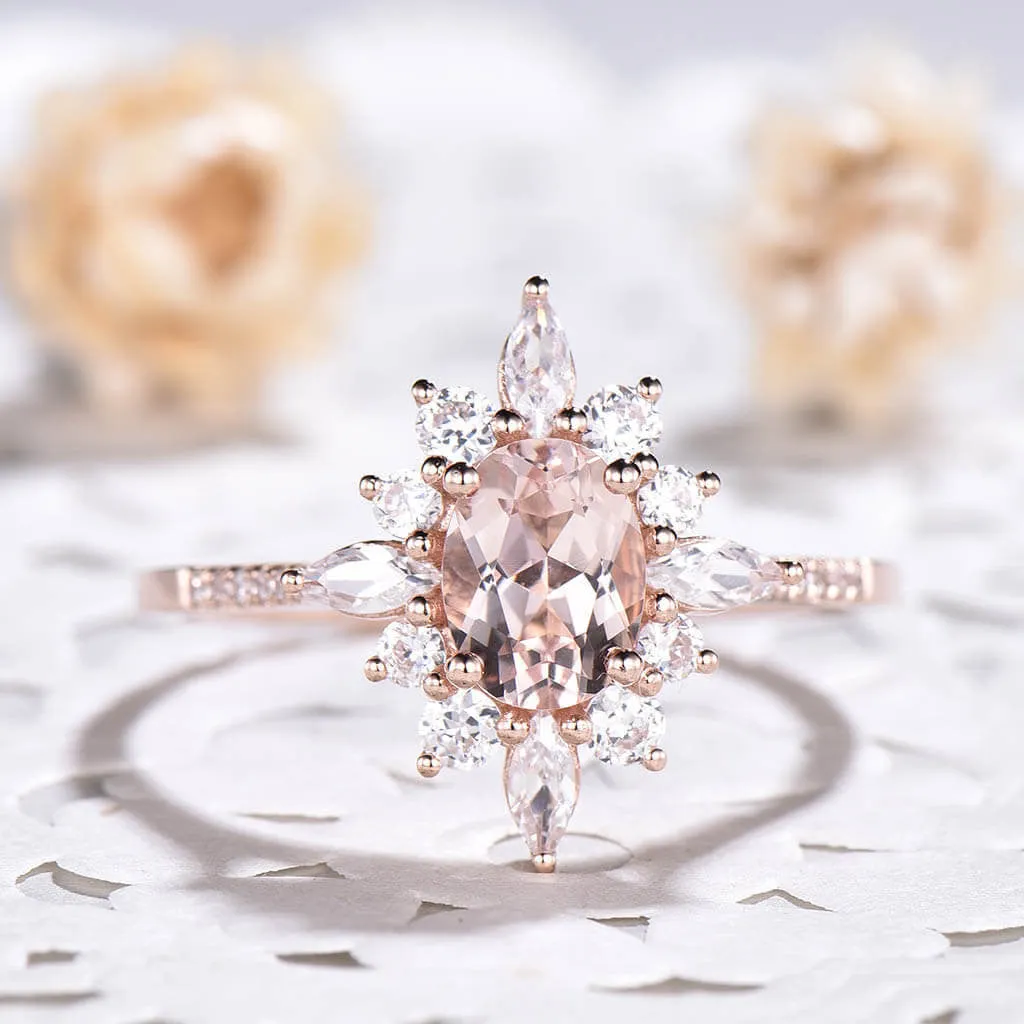 14K/18K Floral Morganite Moissanite/Diamonds Engagement Ring Unique