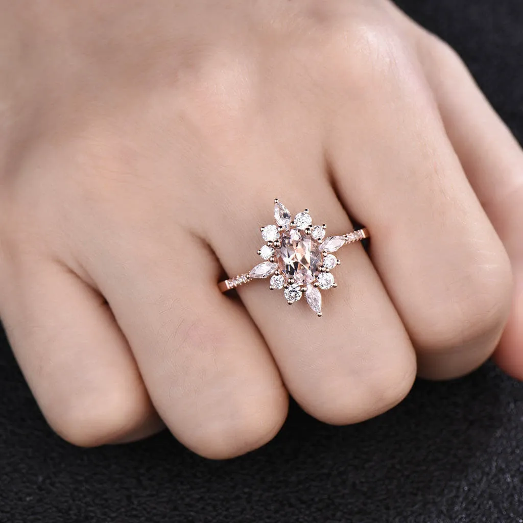 14K/18K Floral Morganite Moissanite/Diamonds Engagement Ring Unique