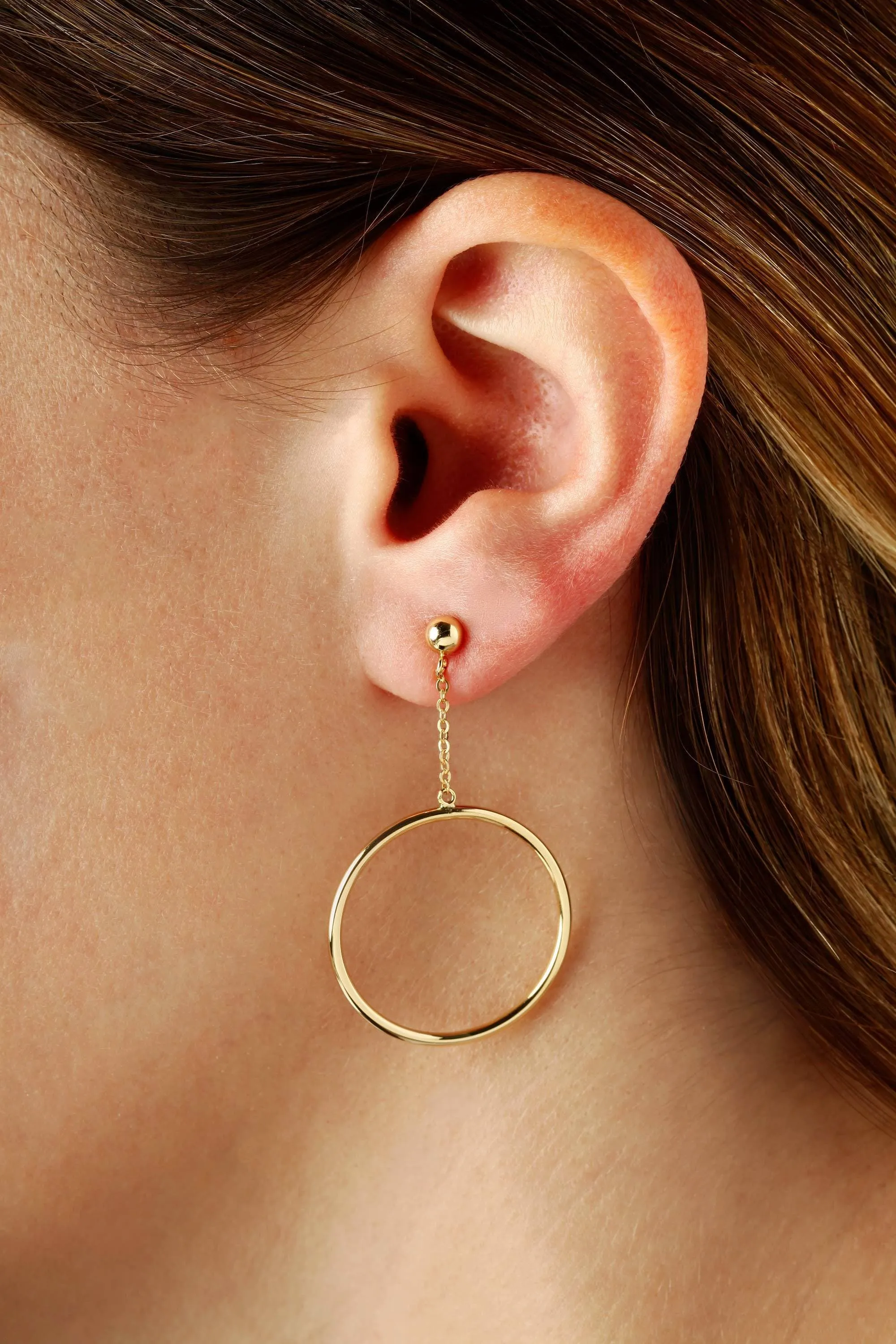 14KG 25mm Tube Hoop Drop W/4mm Ball Earrings