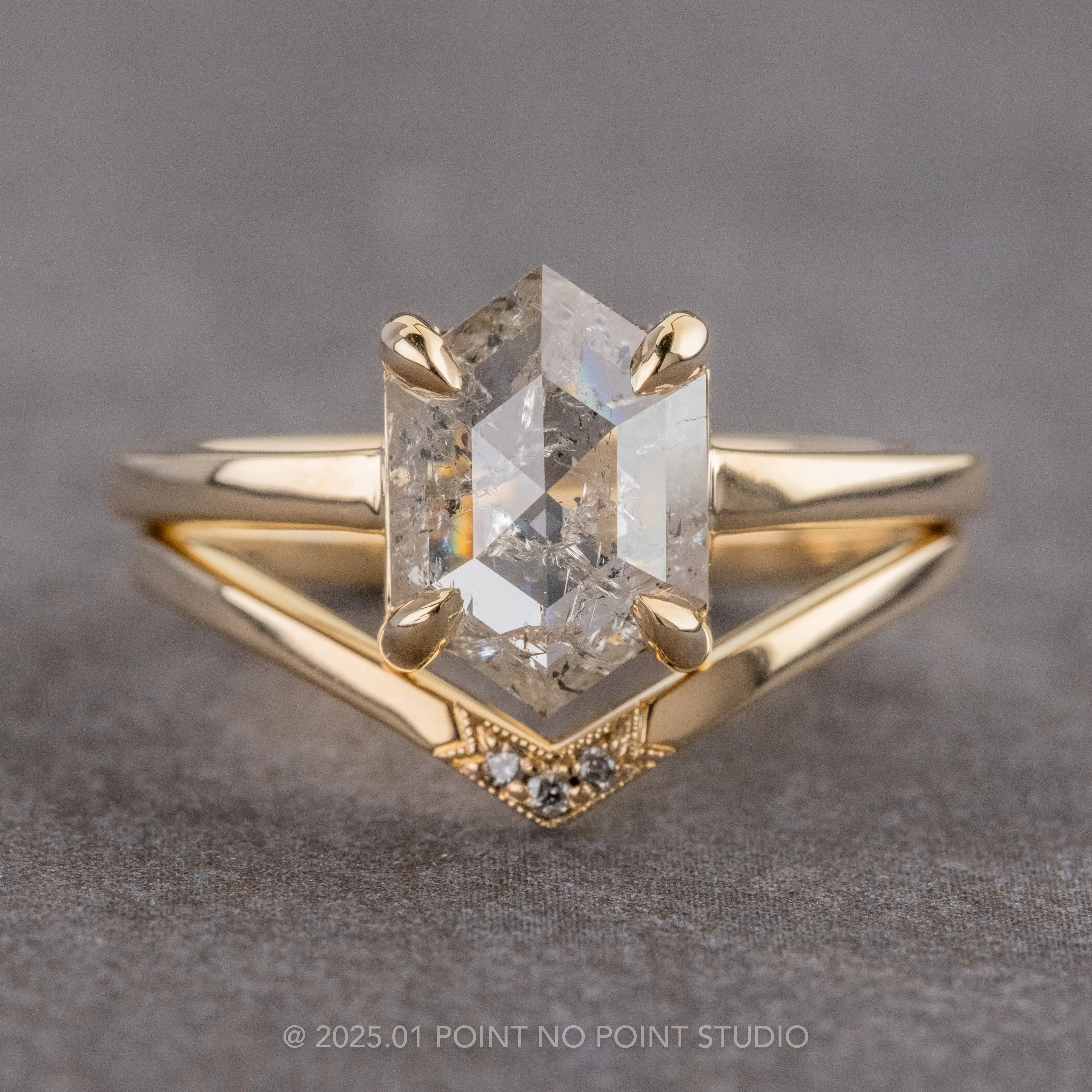 1.52 Carat Icy Salt and Pepper Hexagon Diamond Engagement Ring, Jane Setting, 14k Yellow Gold