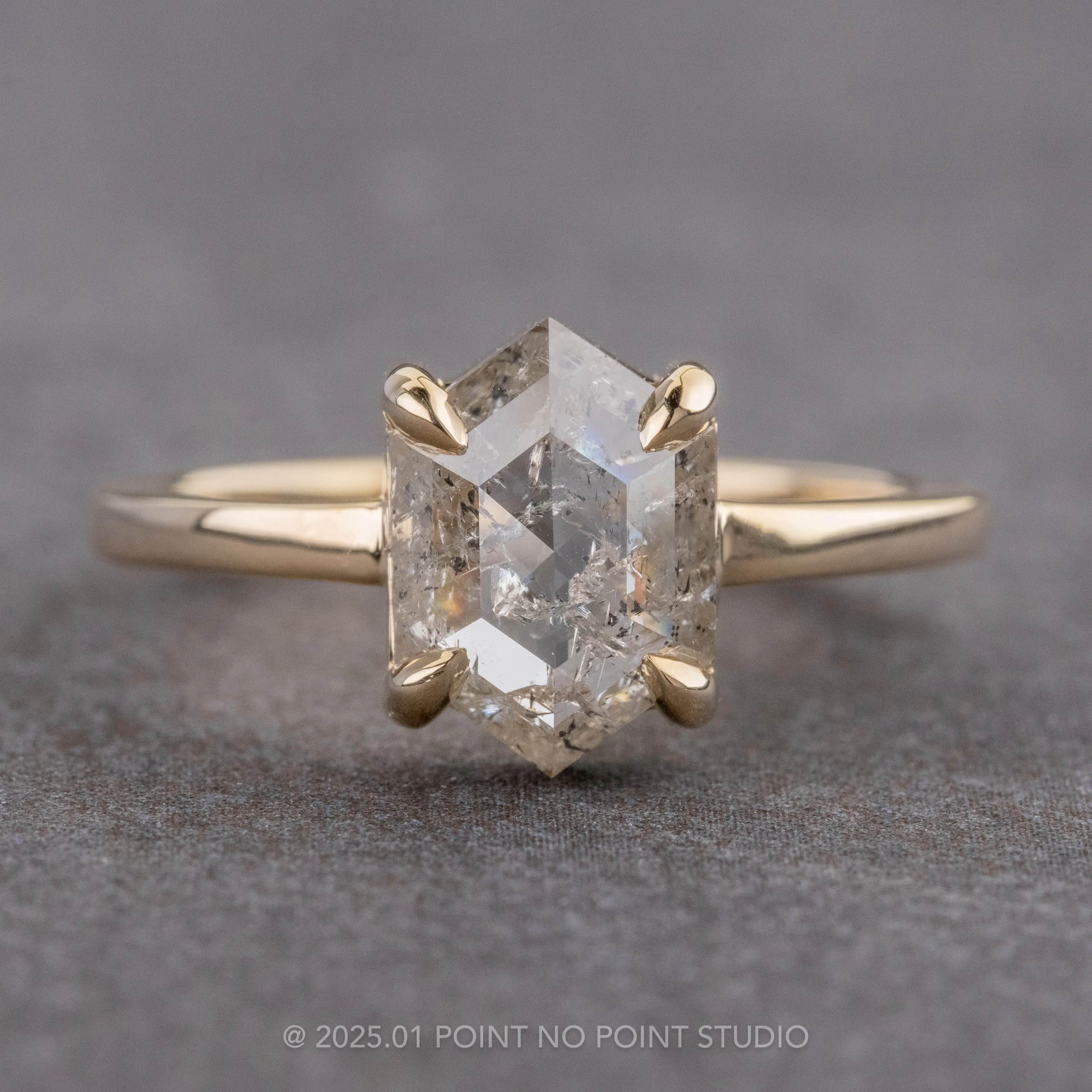 1.52 Carat Icy Salt and Pepper Hexagon Diamond Engagement Ring, Jane Setting, 14k Yellow Gold