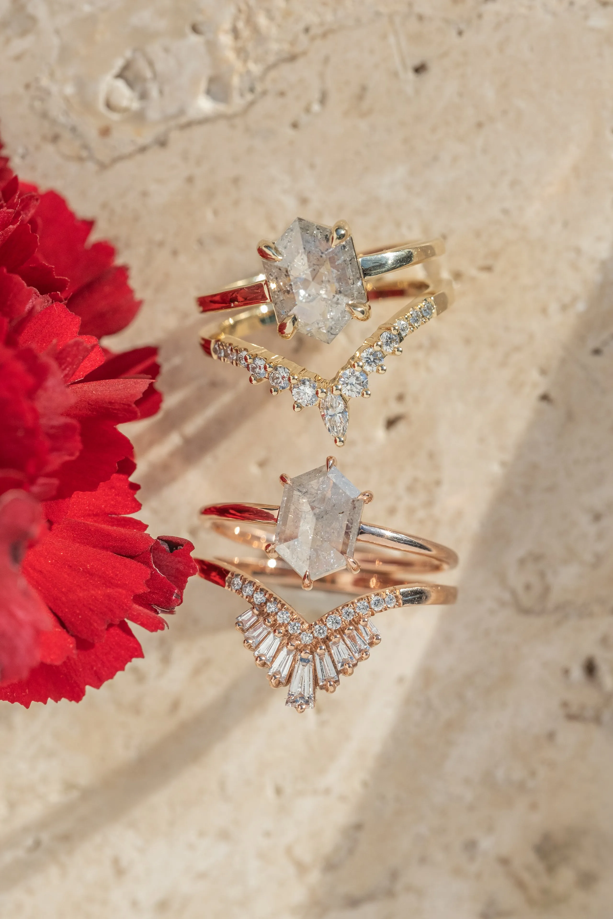 1.52 Carat Icy Salt and Pepper Hexagon Diamond Engagement Ring, Jane Setting, 14k Yellow Gold
