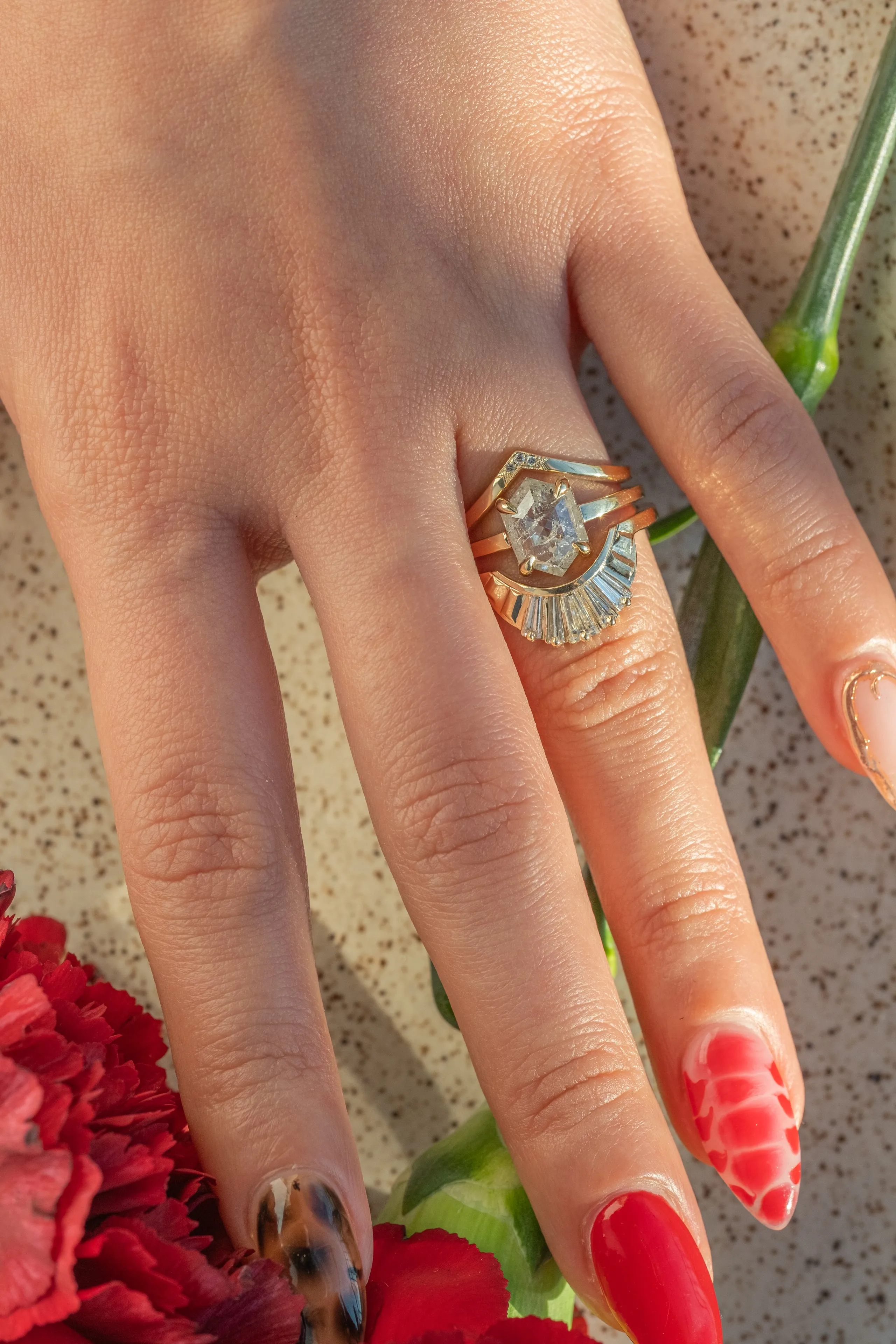 1.52 Carat Icy Salt and Pepper Hexagon Diamond Engagement Ring, Jane Setting, 14k Yellow Gold