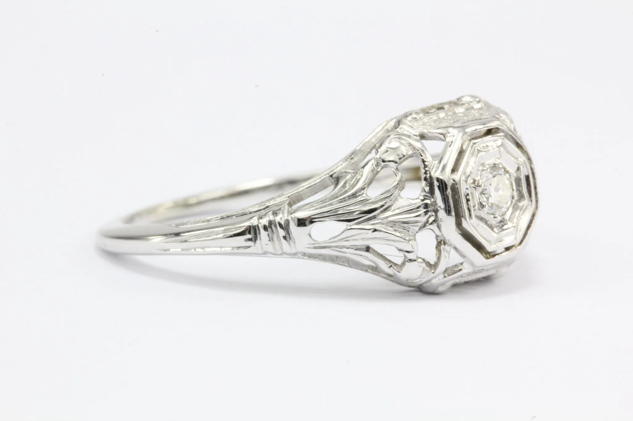 18K White Gold Art Nouveau Old European Cut Diamond Engagement Ring