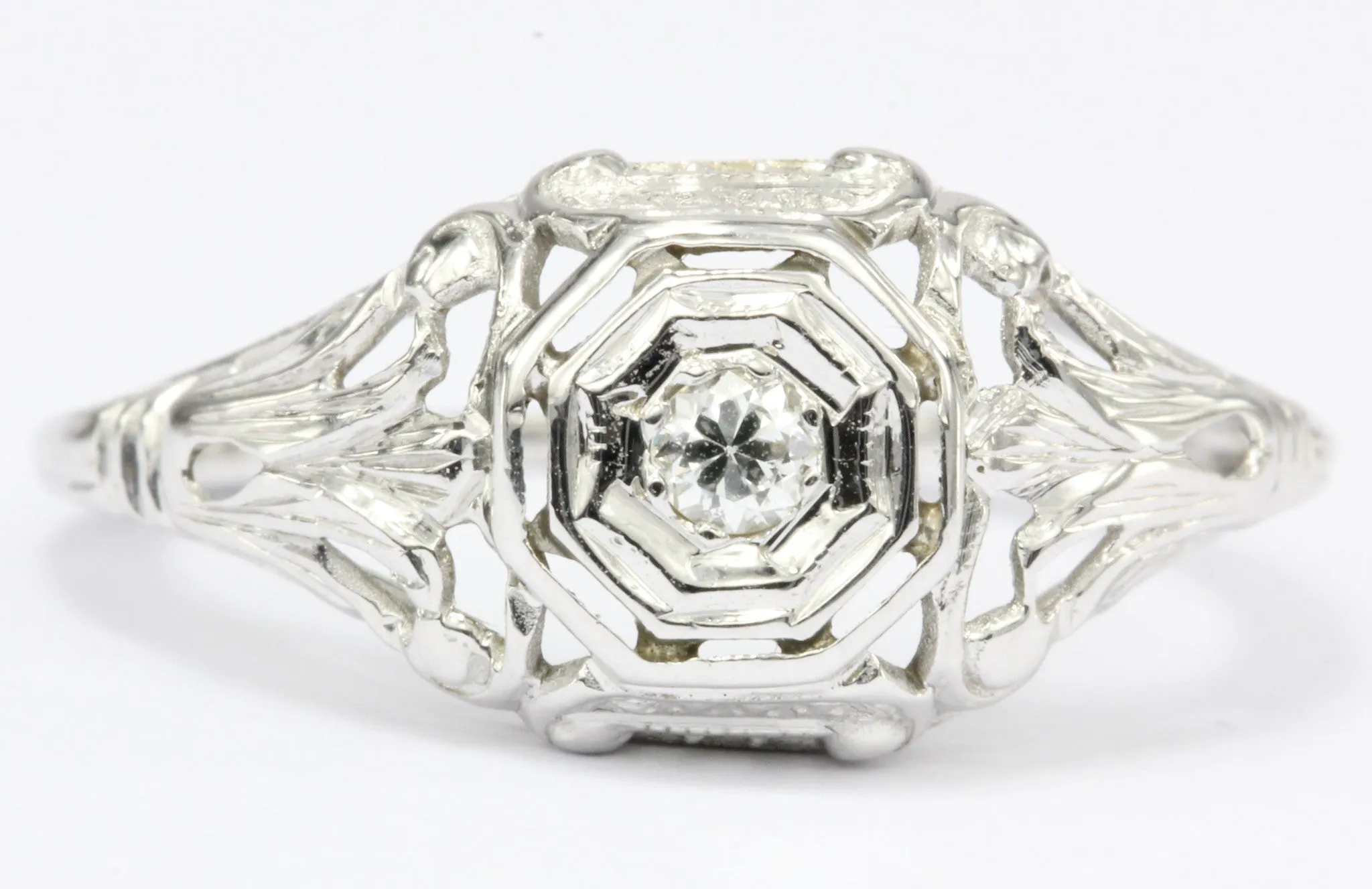 18K White Gold Art Nouveau Old European Cut Diamond Engagement Ring