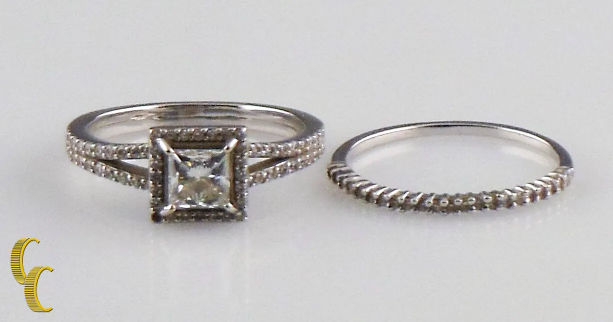 18k White Gold Halo Princess Diamond Engagement Ring & Band Great Gift for Her!