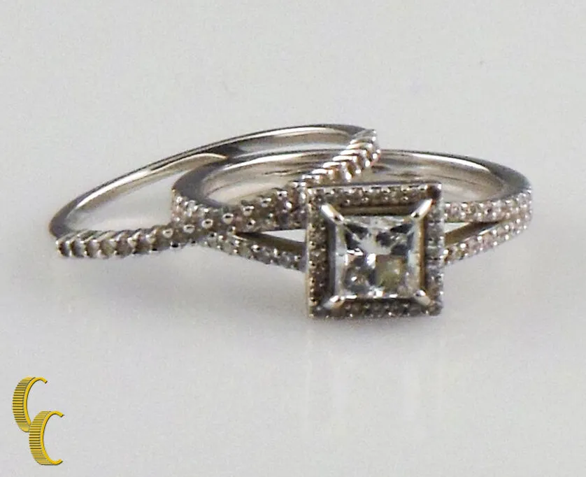 18k White Gold Halo Princess Diamond Engagement Ring & Band Great Gift for Her!