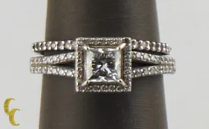 18k White Gold Halo Princess Diamond Engagement Ring & Band Great Gift for Her!