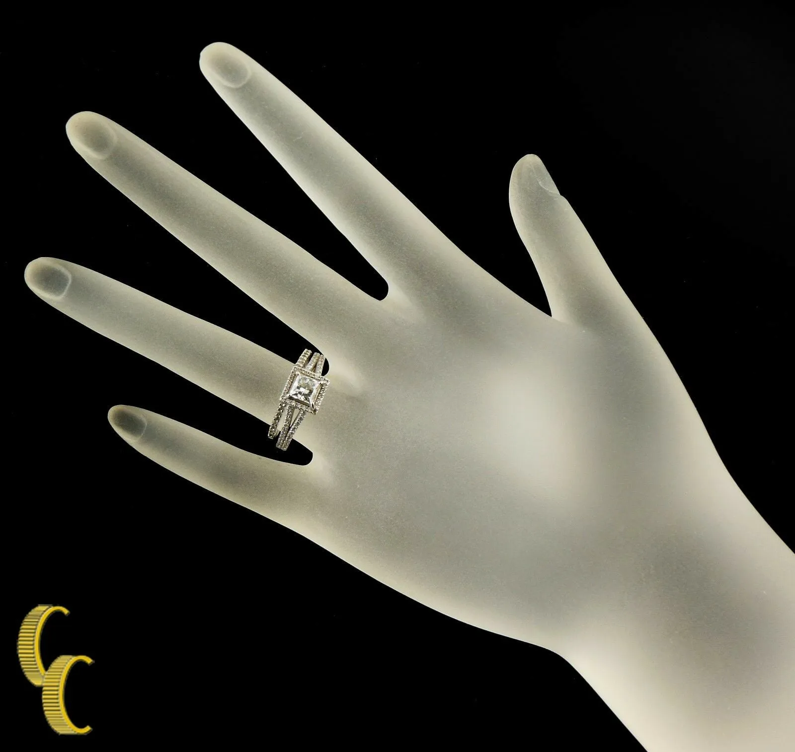 18k White Gold Halo Princess Diamond Engagement Ring & Band Great Gift for Her!