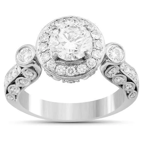 18k White Gold Round Cut Clarity Enhanced Diamond Engagement Ring with Side Stones 2.25 Ctw
