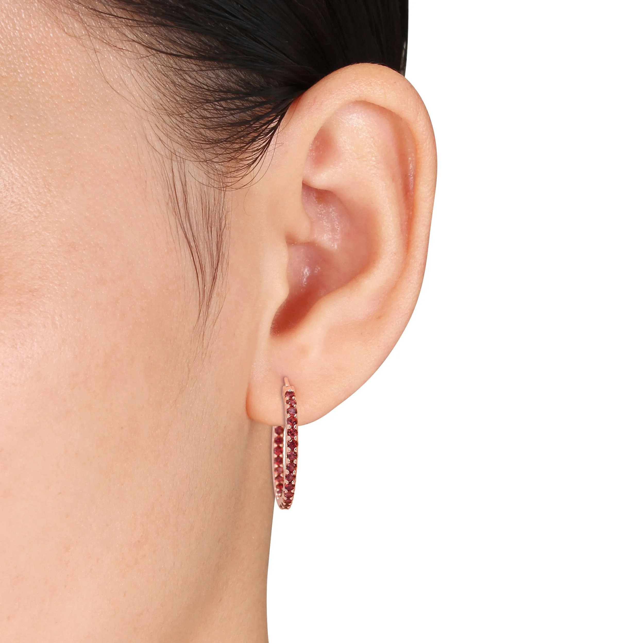 2 1/4 CT TGW Garnet Hoop Earrings 10k Pink Gold
