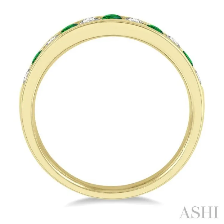 2.3 MM Emerald and 1/4 ctw Round Cut Diamond Precious Wedding Band in 14K Yellow Gold