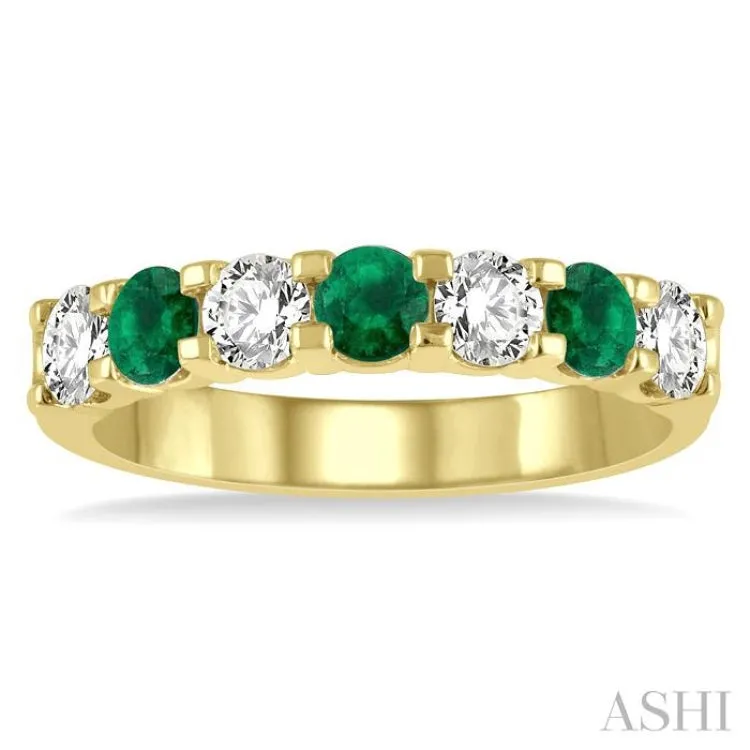 3.3 MM Emerald and 1/2 ctw Round Cut Diamond Precious Wedding Band in 14K Yellow Gold