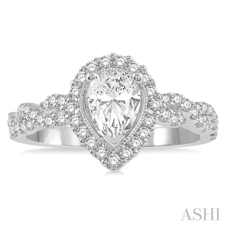 3/4 ctw Intertwined Shank Round Cut Diamond Ladies Engagement Ring with 3/8 ct Pear Shaped Center Stone in 14K White Gold