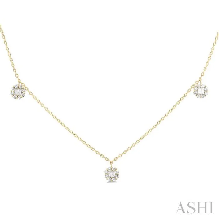 3/8 ctw Dangle Circular Motif Fusion Baguette and Round Cut Diamond Station Necklace in 10K Yellow Gold