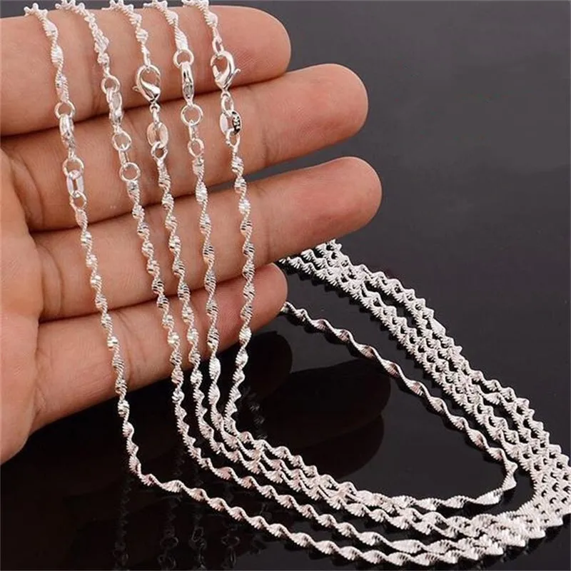 3Pcs Set 2mm Silver Plated Water Wave Chain Necklaces Couple Jewelry