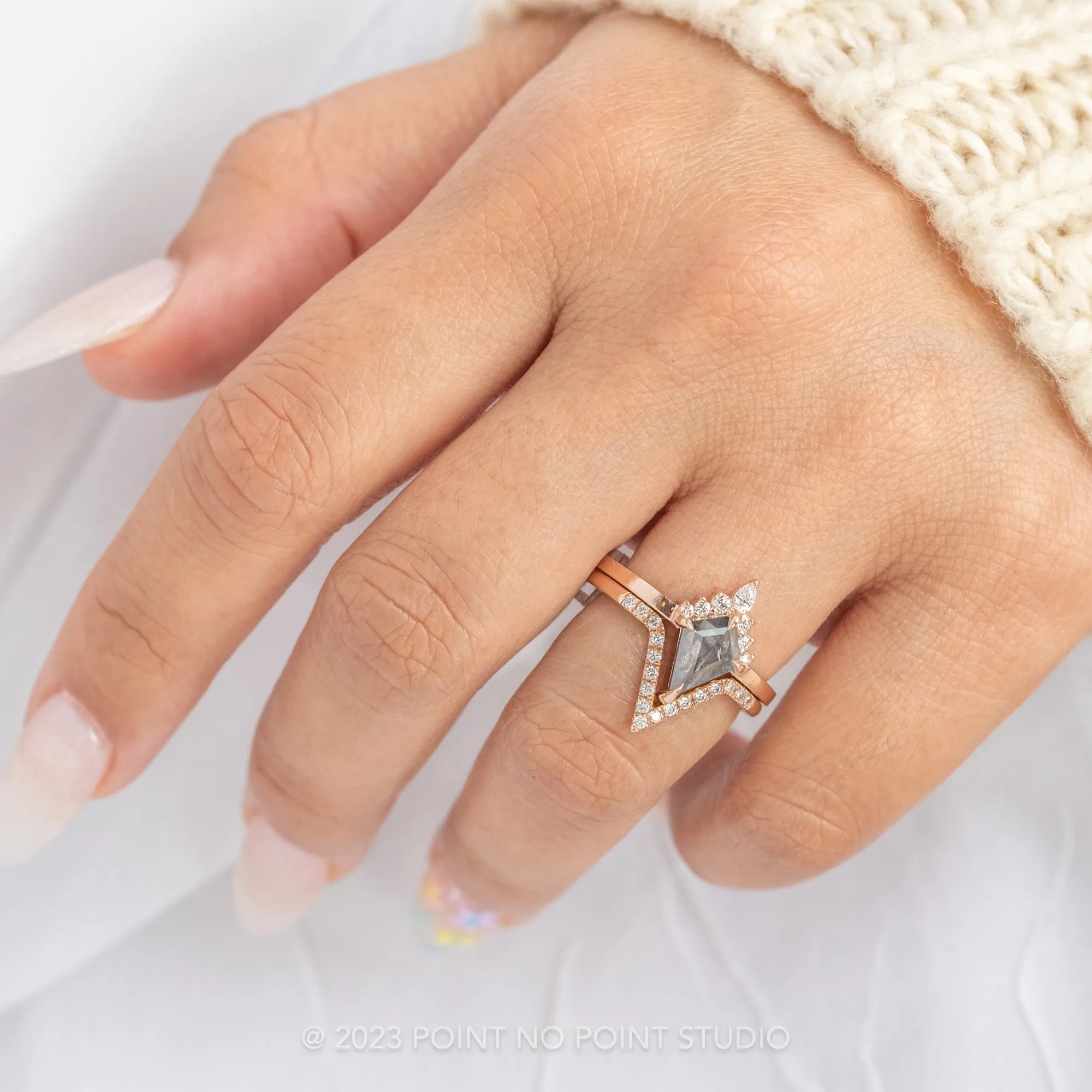 .87 Carat Salt and Pepper Kite Diamond Engagement Ring, Ava Setting, 14K Rose Gold
