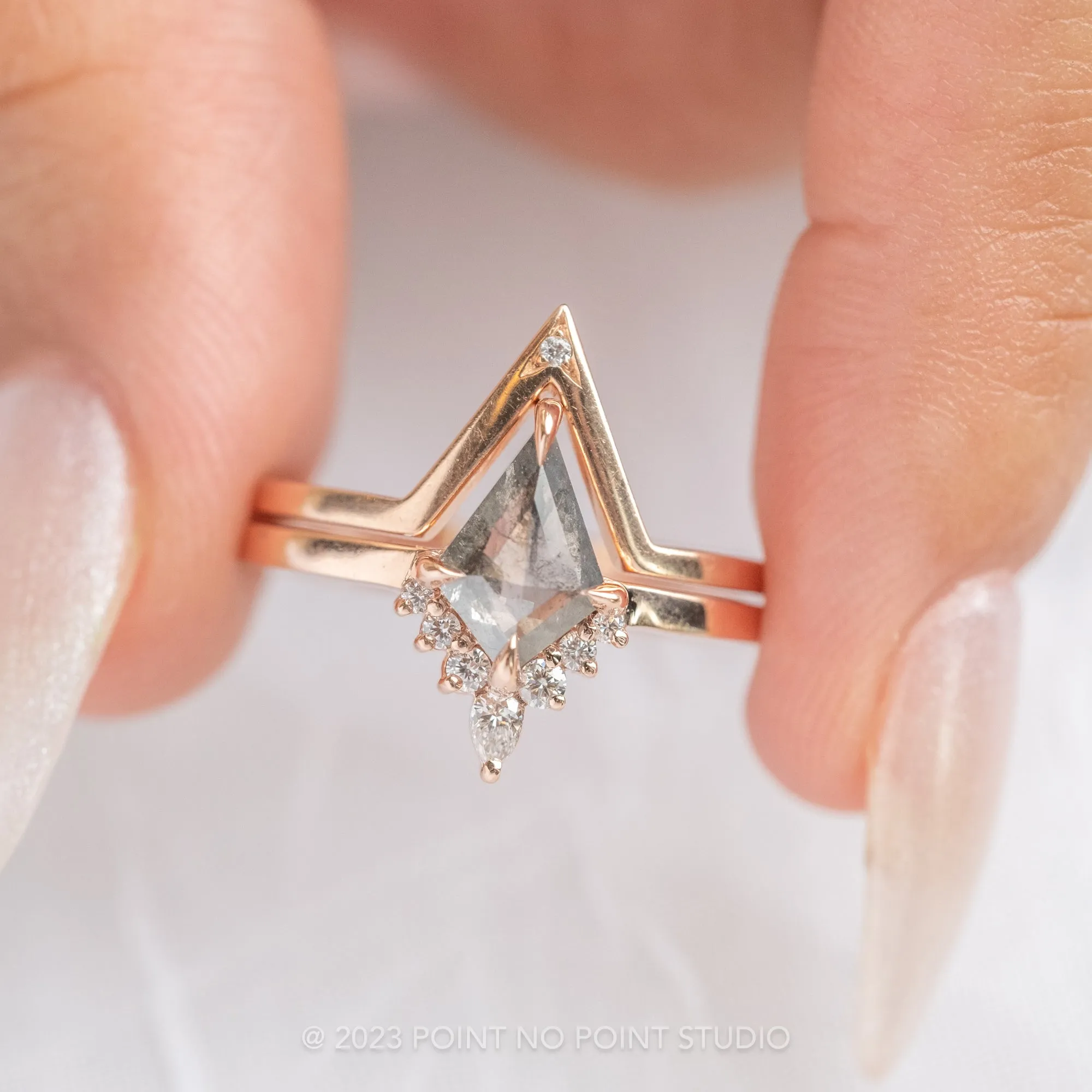 .87 Carat Salt and Pepper Kite Diamond Engagement Ring, Ava Setting, 14K Rose Gold