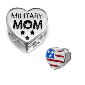 .925 Sterling Silver "Heart American Flag Military Mom"  Charm Spacer Bead for Snake Chain Charm Bracelet